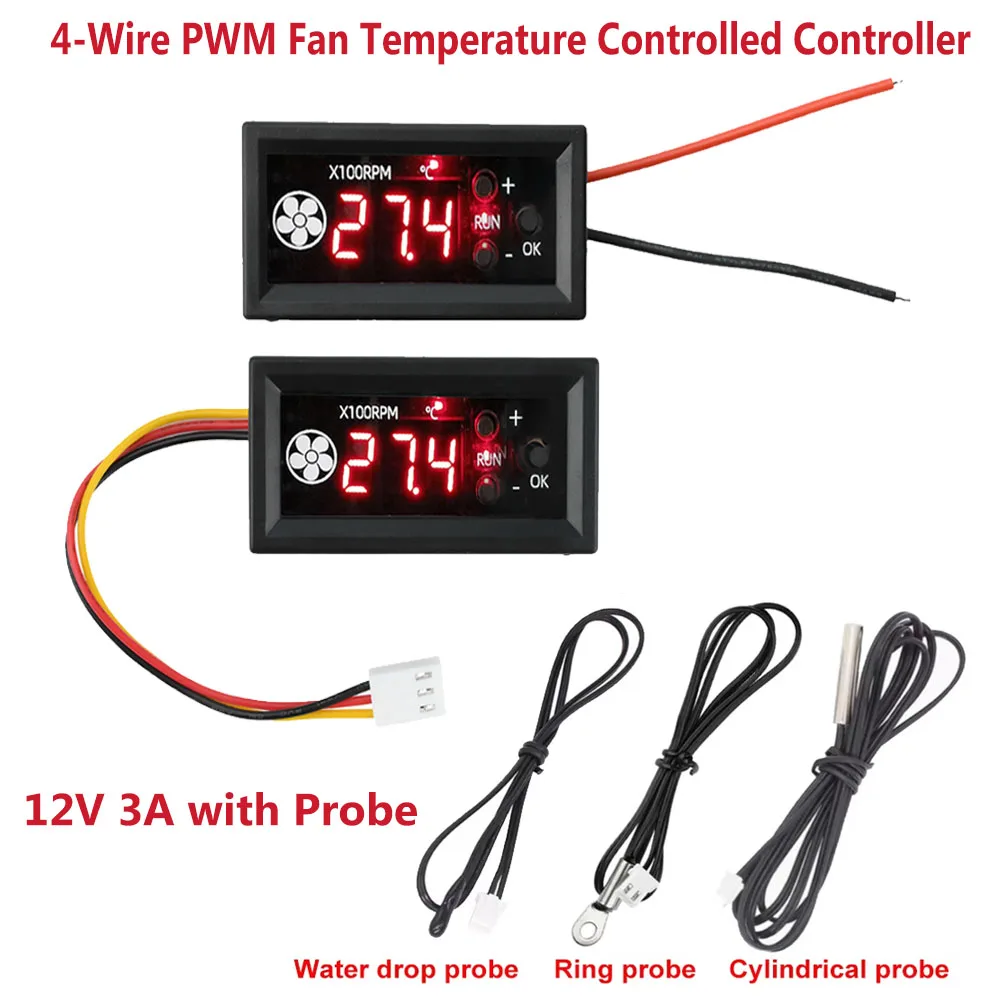 4-Draht-PWM-Lüfterdrehzahlregler 12V 3A mit digitaler Temperaturanzeige und Drehzahlregler für PC-Gehäuse-Lüfter mit Sonde