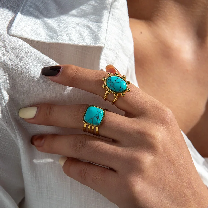 Letdiffery خواتم الأحجار الطبيعية الرجعية للنساء الفولاذ المقاوم للصدأ النمط الفرنسي قابل للتعديل المفتوحة مقاوم للماء خواتم مجوهرات الحفلات هدية #3