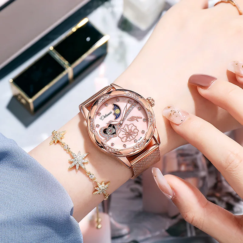 ساعات عصرية فاخرة لمرحلة القمر مع سوار فولاذي غير قابل للصدأ ساعة يد ميكانيكية أوتوماتيكية جديدة للنساء Reloj Mujer #1