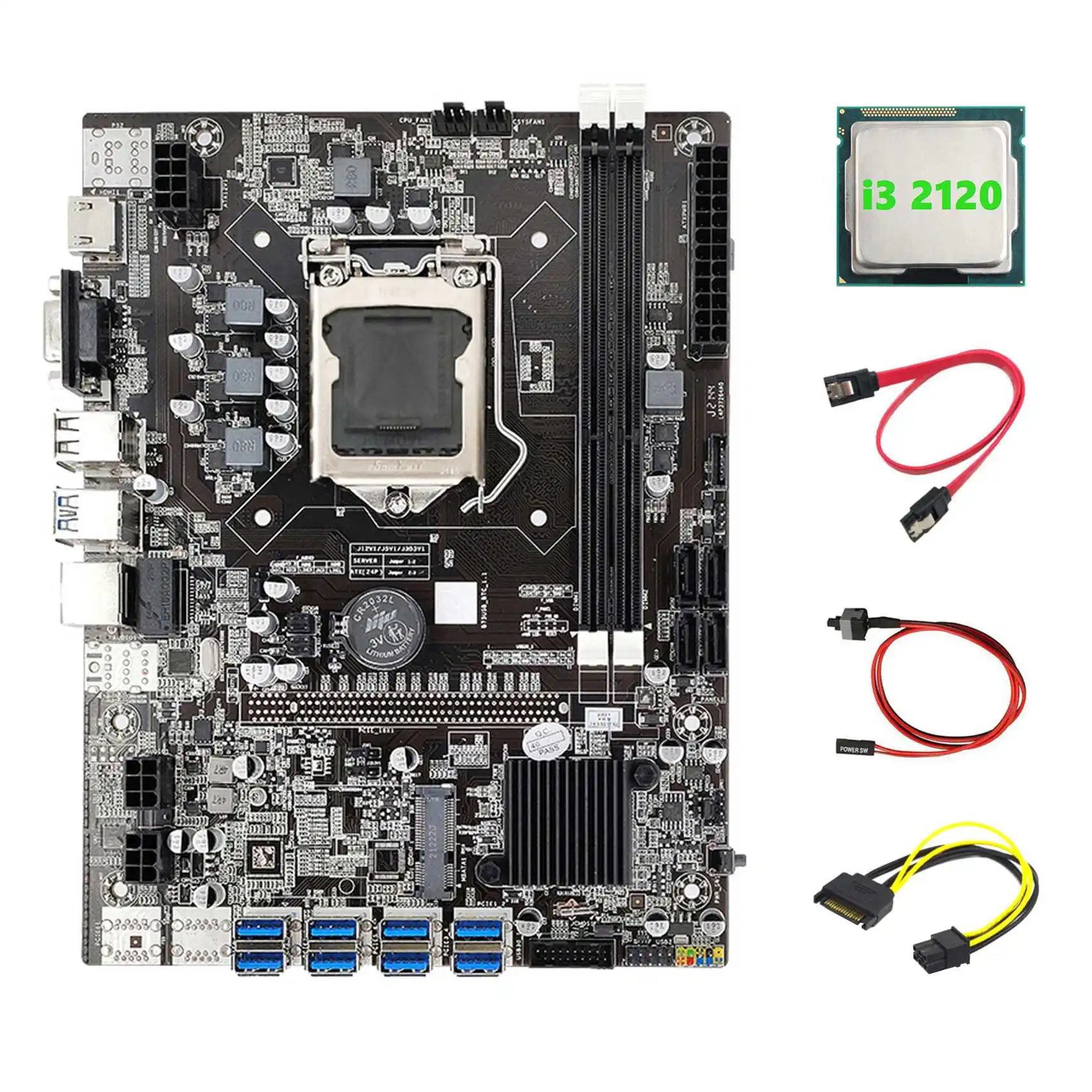 

B75 ETH Miner Motherboard 8XPCIE to USB+I3 2120 CPU+SATA 15Pin to 6Pin Cable+SATA Cable+Switch Cable LGA1155 Motherboard