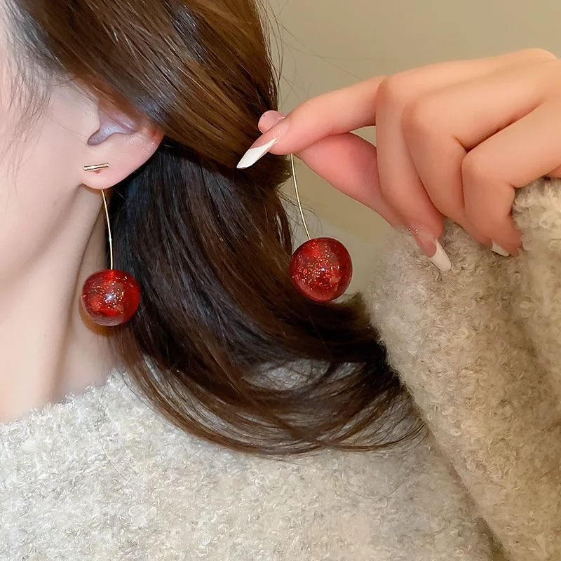 

Minar Cute Lovely Clear Red Resin Cherry Simulation Fruit Long Drop Earrings for Women 14K Real Gold Plated Copper Party Jewelry