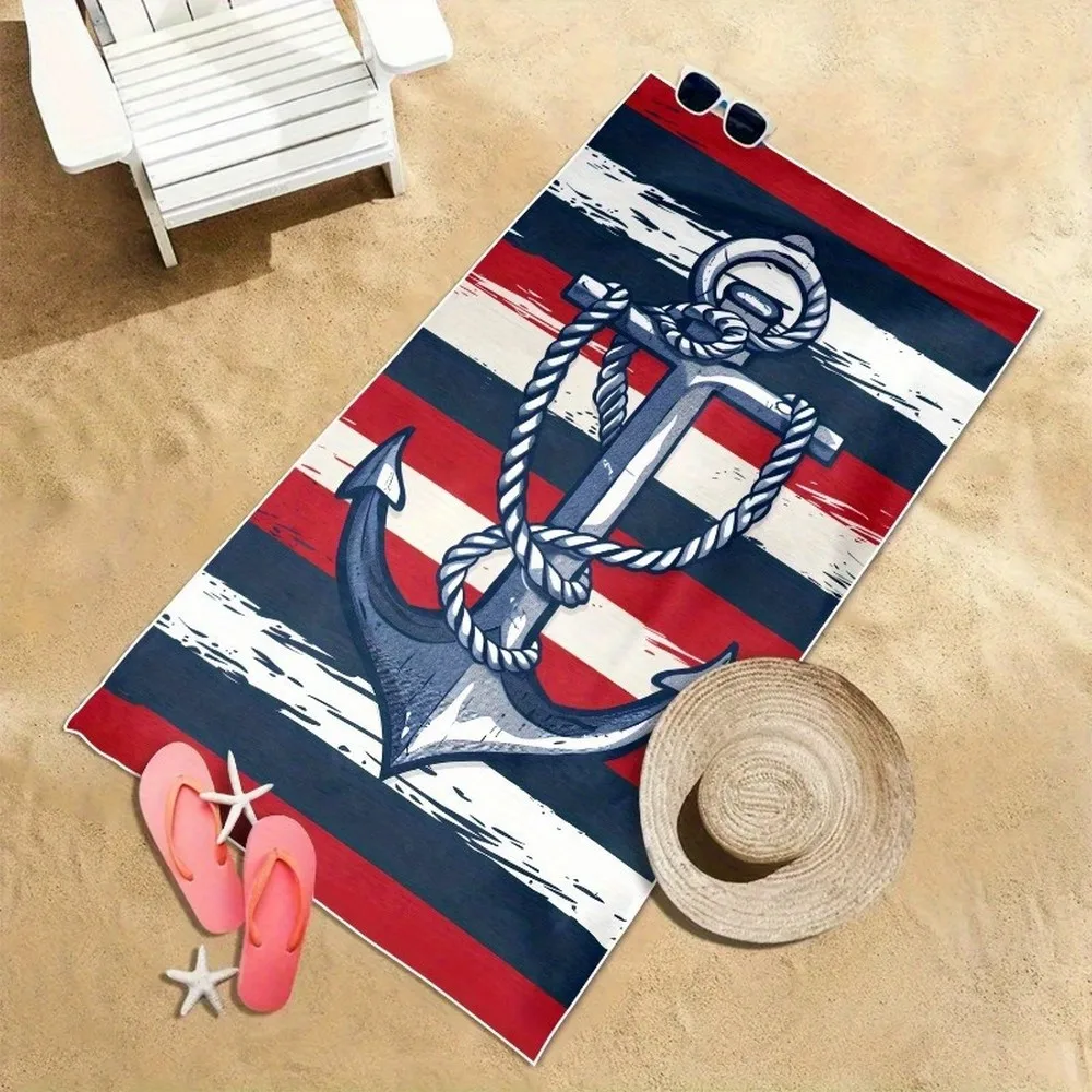 Nautical Anchor Striped Beach Towel Patterned Sunscreen And Windproof Suitable For Swimming Pool Camping Travel Blanket