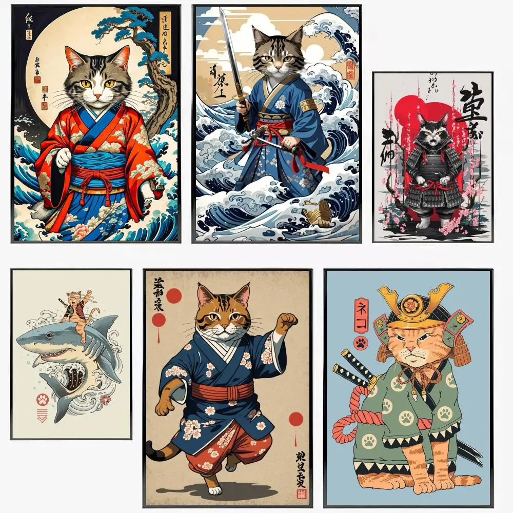 

Japanese Style Cat Painting Calligraphy Frameless Canvas Wall Art Perfect for Kitchen Bathroom Home Decor