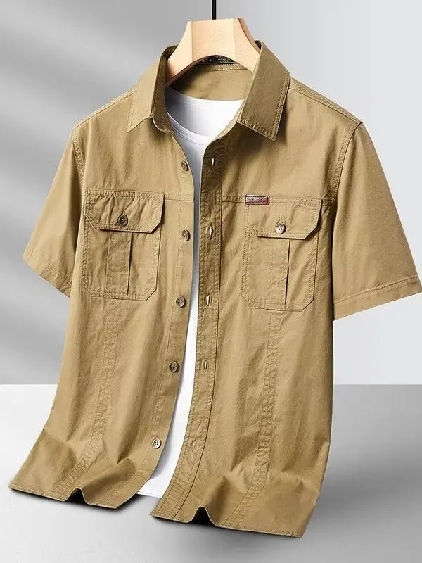 Wear Resistant Pure Cotton Short Sleeve Men's Workwear Shirt Casual Loose Fit Summer Breathable Comfortable Pocket Design Shirt