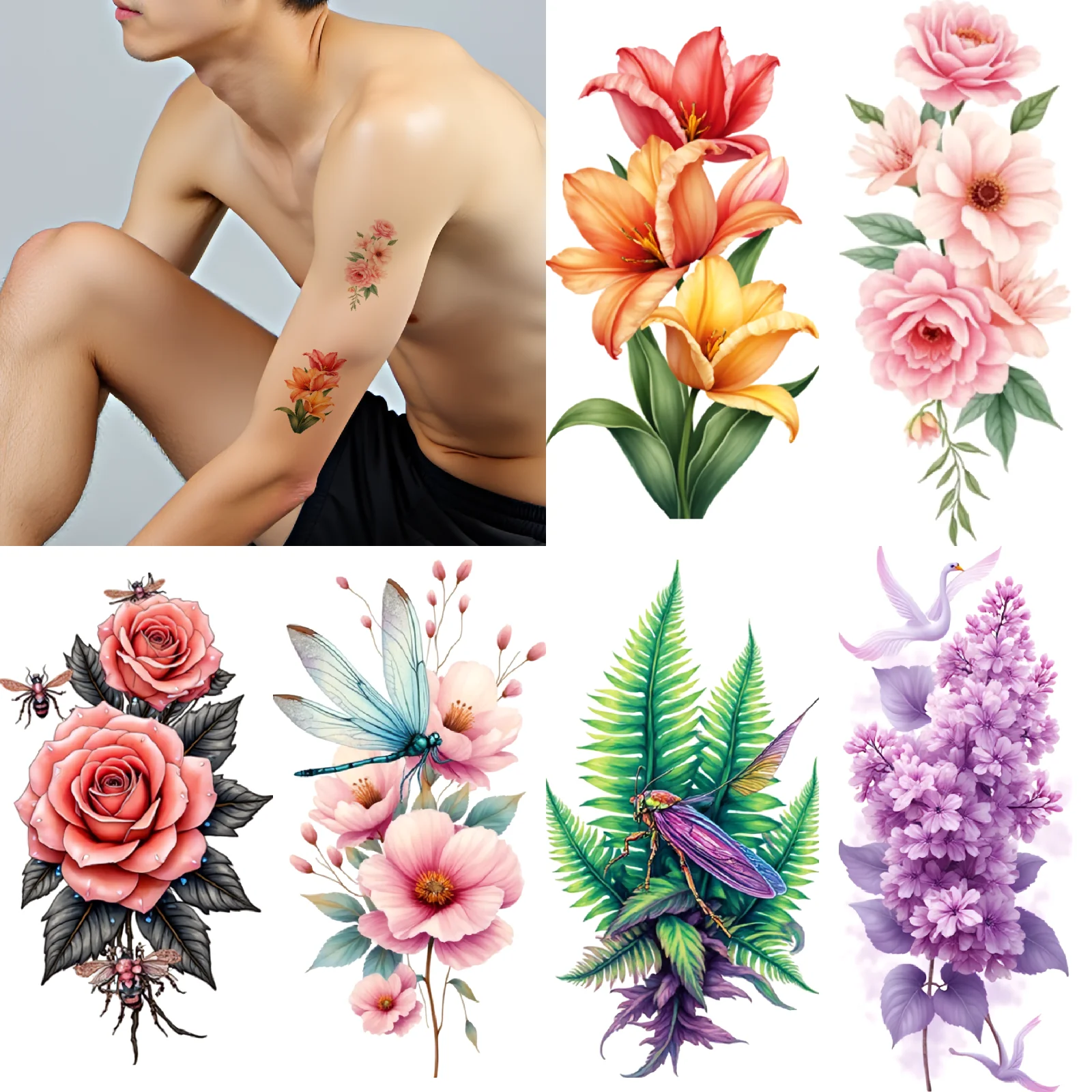 27pcs Colorful Floral Temporary Tattoos 3D Butterfly Flower Waterproof Tattoo Stickers Adult Body Arm Art Fake Tatoo