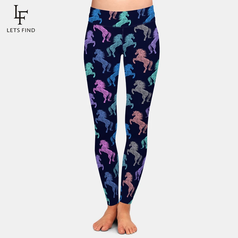 

LETSFIND 220gsm Double Side Brushed Milk Silk Print Horses Design Women Leggings High Waist Soft Leggings