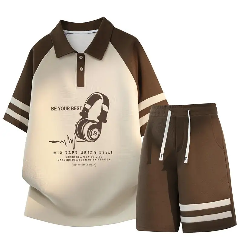 

Collar T-shirt+Shorts Set Summer Loose Fit Printed Two-piece Set Men's Summer Thin Breathable Sportswear Shorts Set