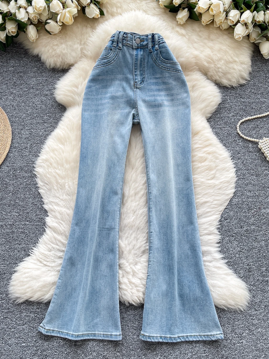 

Retro Light Blue Denim Jeans Women's High Waist Slimming Long Leg Lengthening Micro Flared Floor-Length Pants Casual Sle