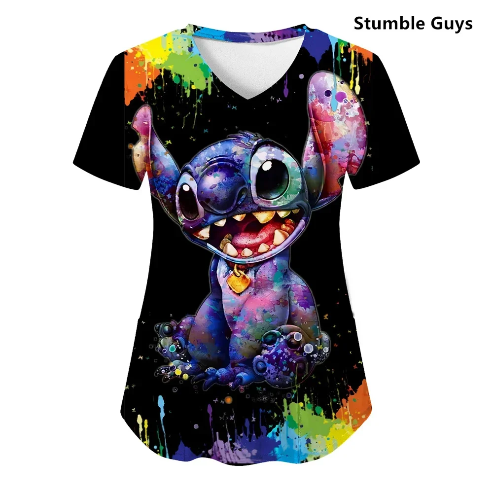 Stitch Print Hospital Nursing Surgery Scrubs Tops Women Minnie Mouse T-shirt Dental Clinic Work Uniforms Blouse Doctor Clothes