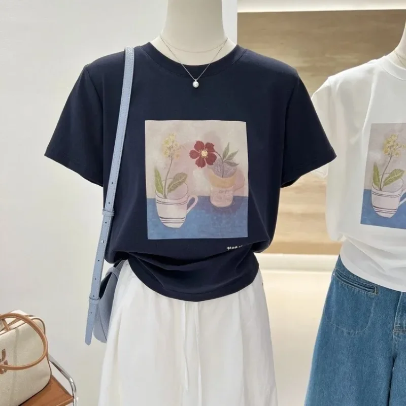 

Women's Artistic Floral Print Tee Crew Neck Short Sleeve Loose Fit Casual Summer T-Shirt