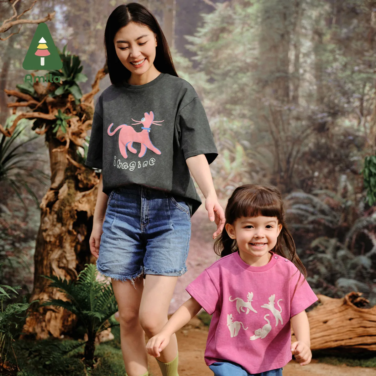 

Amila 2024 Summer New Family T-shirt Cotton Wash Made Old Children's Clothing Baby Short Sleeve Breathable Cute Girl Top