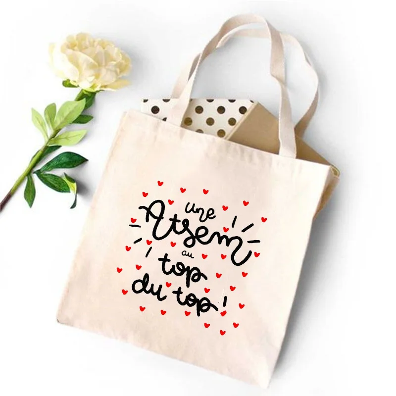 Merci Atsem French Print Fashion Women Canvas Shopping Bag Eco Harajuku Shoulder Bags Personalized Super Atsem School Bags Gifts