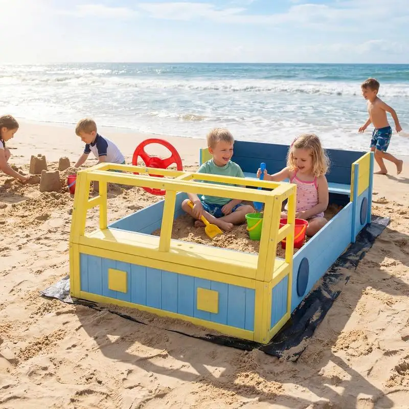 Obrázek 4: Velký dřevěný děti sandbox s dno liniové a lavice seat-blue