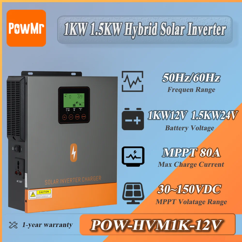 PowMr EU Store Solar Inverter Charger 1000W 12V / 1500W 24V Pure Sine Wave Built in MPPT 80A Max Charge with LCD Display Adjustable AC Solar Priority UPS Mode for Solar Home Off Grid System