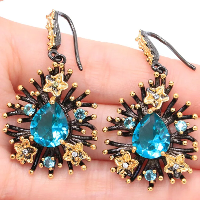 

47x28mm Trangle Shape Swiss Blue Topaz Kunzite Aquamarine Pink Tourmaline Green Amethyst Ruby Topaz Black Gold Silver Earrings