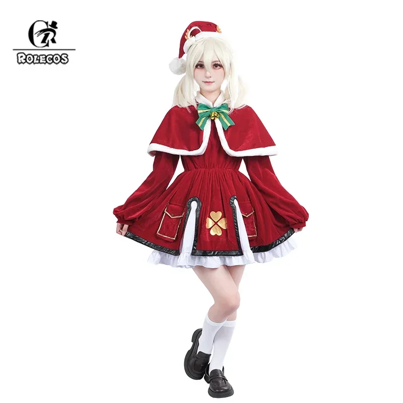 ROLECOS Genshin Impact Klee Christmas Costume Sexy Cute Red Women Autumn Winter Plush Evening Dress Klee Uniform