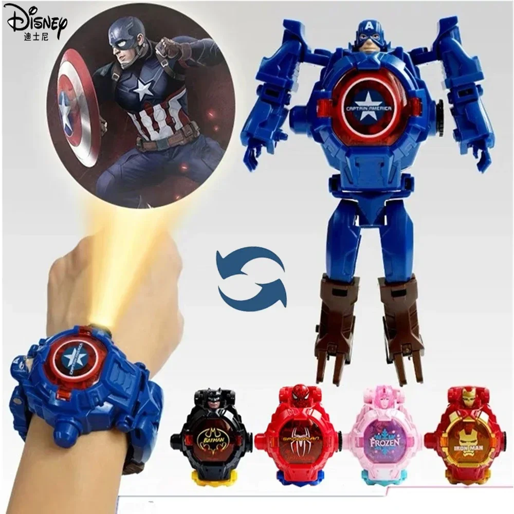 Disney Frozen Avengers Deformation Electronic Watch Boy girl Toy Cartoon Captain America spiderman Transformed Robot child Watch