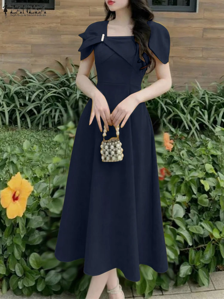 ZANZEA Elegante Damen-Partykleider, Sommermode, quadratischer Ausschnitt, kurze Blütenblattärmel, Midikleid, Designer-Kleidung für Hochzeitsgäste