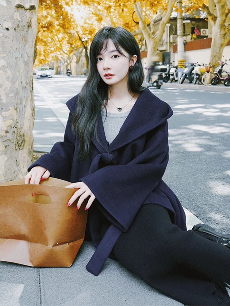 

Женское шерстяное пальто средней длины с воротником-хомутом, утепленное, в корейском стиле, для повседневной носки, в стиле «Маленькая Франция», зимнее пальто