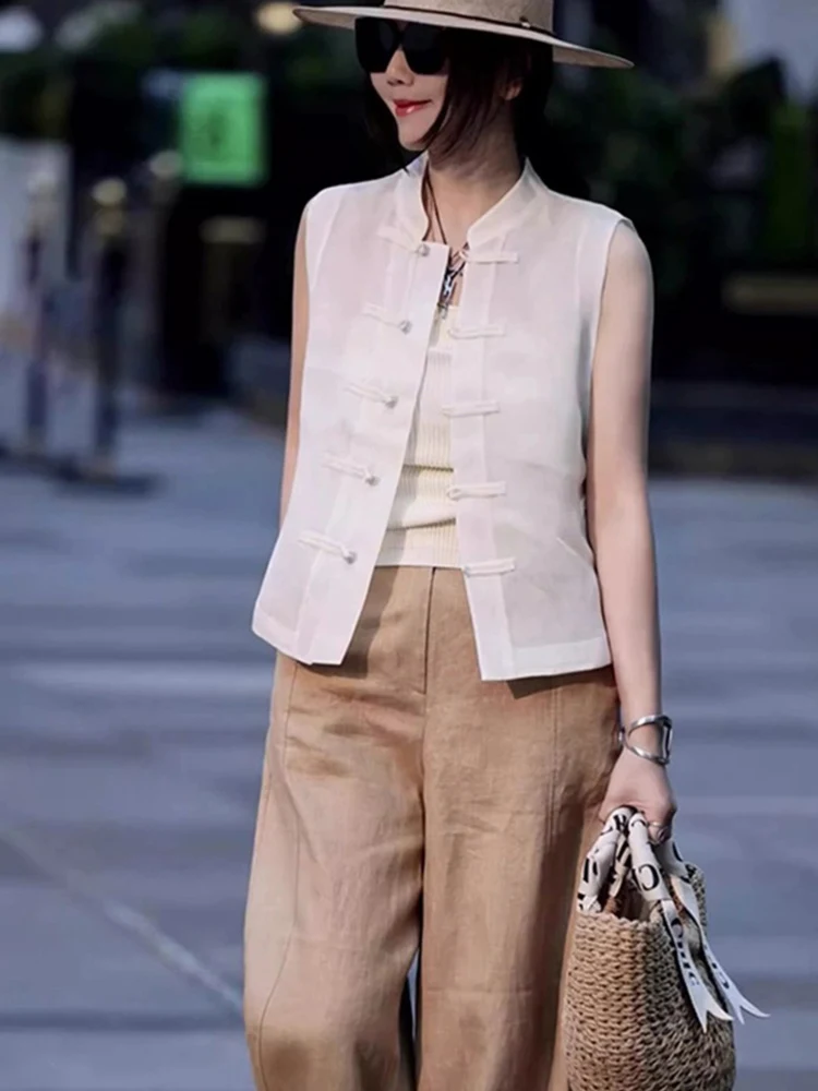 

Новая летняя женская майка 2025 года в китайском стиле, свободного кроя, однотонная, с пуговицами, модный топ для повседневной носки