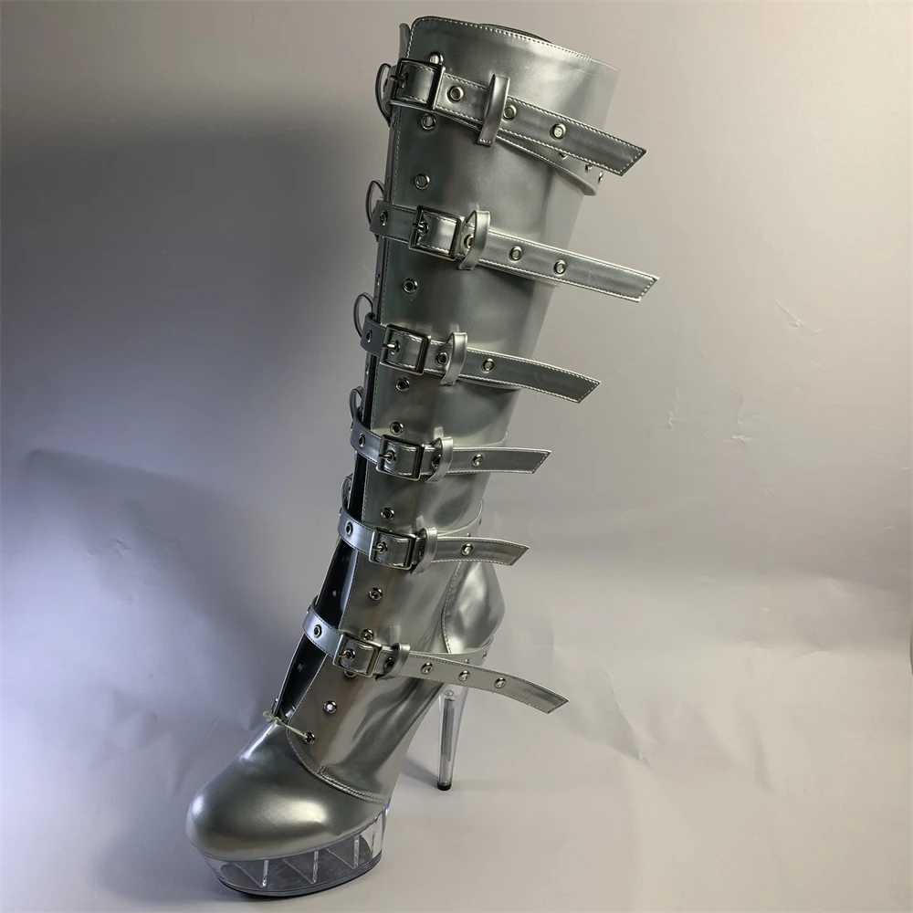 Customized Nightclub Knee High Long Boots Sexy Women's Shoes 15cm Thin Heels Stilettos Fashion Large Size Platform Buckle Pumps