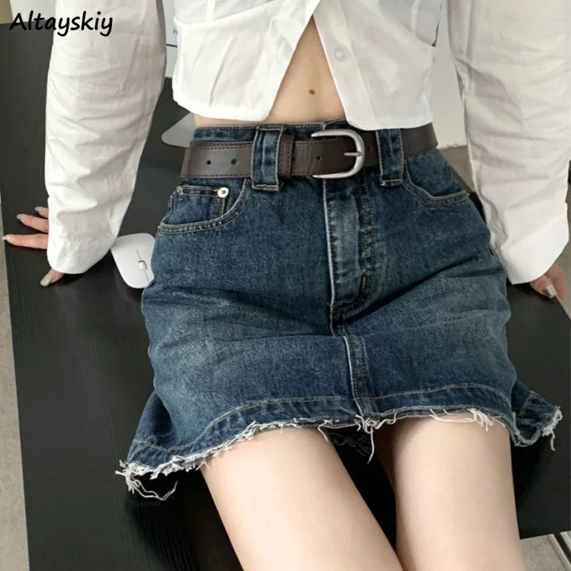 

Denim Mini Skirts Women Office Lady Basic A-line Simple Retro Distressed Ripped Chic Trendy College Streetwear Spring High Waist