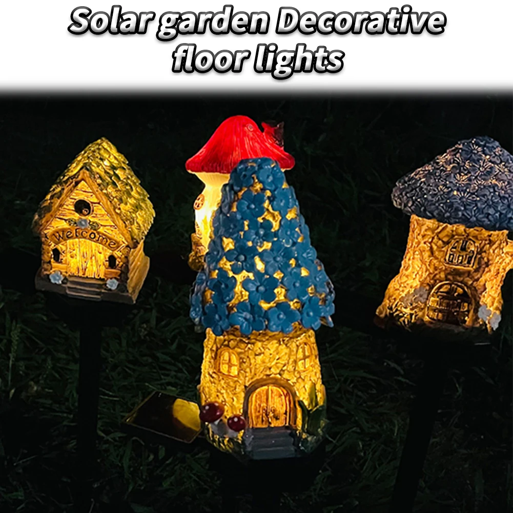 Small Cartoon House Solar Light Water Resistance Resin Cute House Statues Decorative Pathway Light For Pathway Lawn Patio