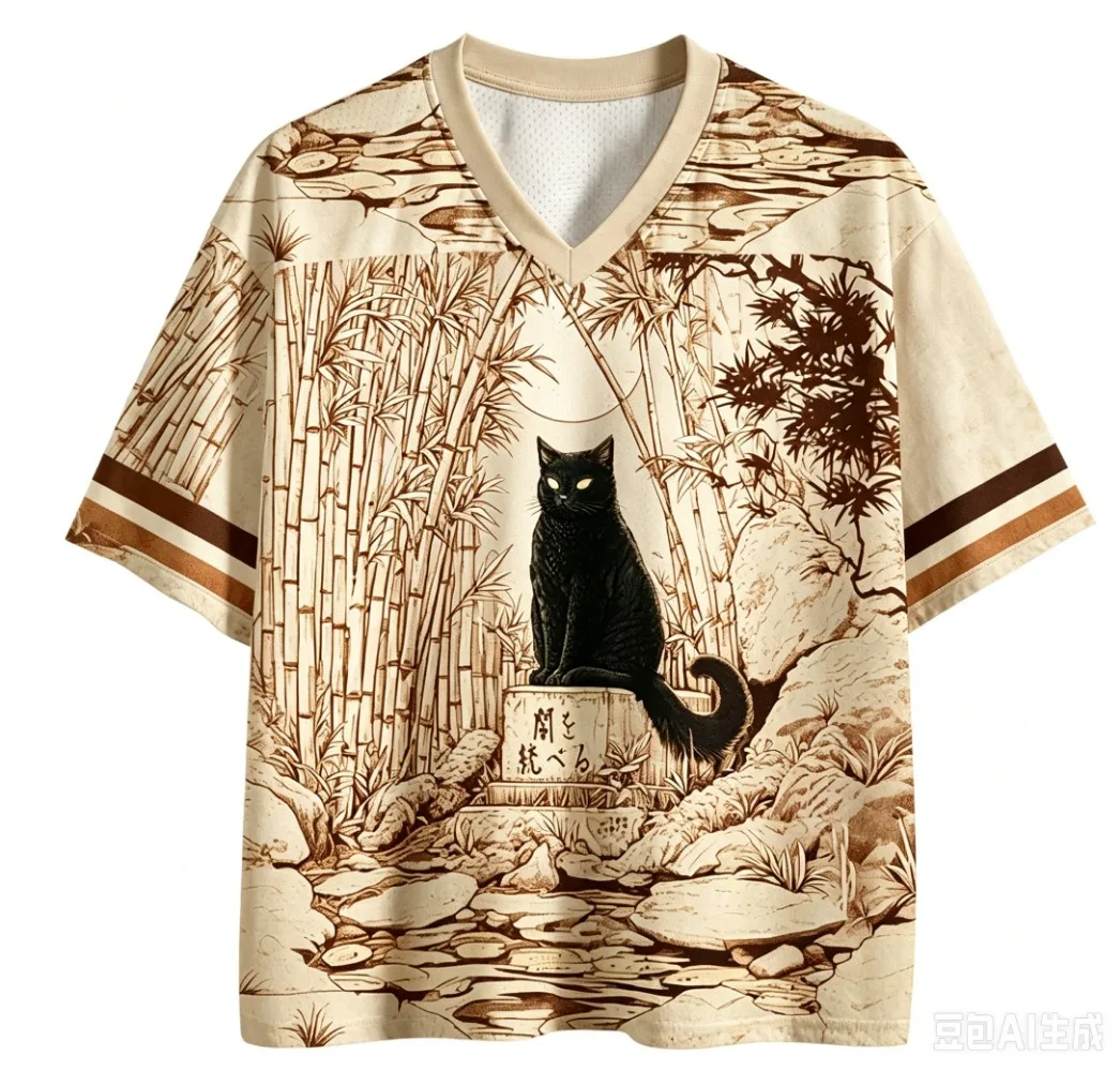 Schwarze Katze im Bambuswald 3D-Druck Herren V-Ausschnitt Übergrößen T-Shirt Japanisch Lässig Atmungsaktiv Schnelltrocknend Locker Sitzend Eltern-Kind – Detail 6
