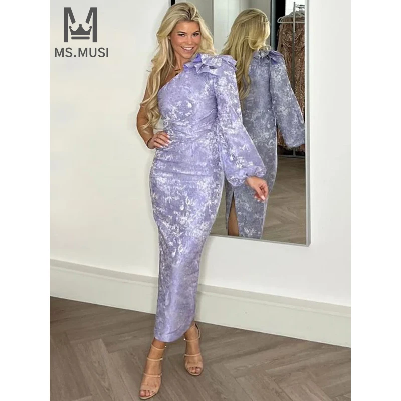 

MSMUSI 2024 New Fashion Women Sexy One Shoulder Floral Embroidery Ruffles Fold Long Sleeve Bodycon Party Club Event Maxi Dress