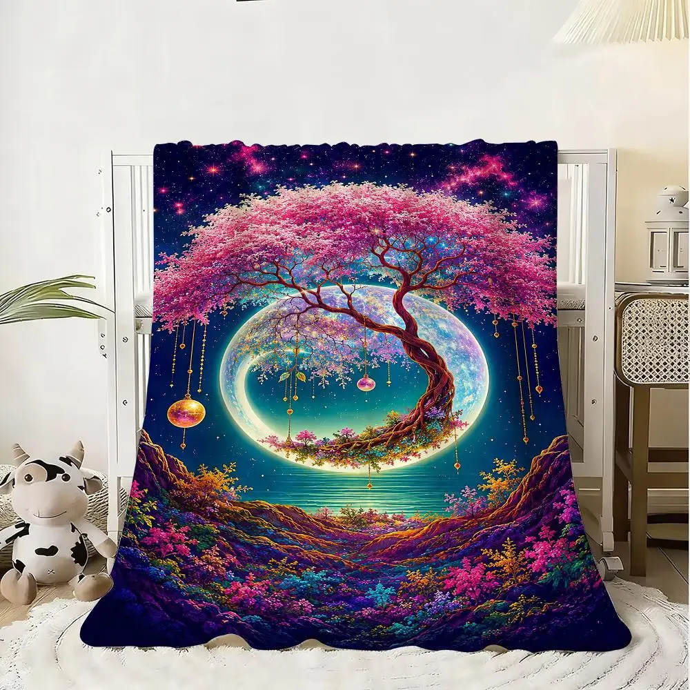 Celestial Sakura Moon Tree Throw Flannel Fluffy Soft Blanket Warm Skin-Friendly Throw For Sofa Bed Office Nap Winter