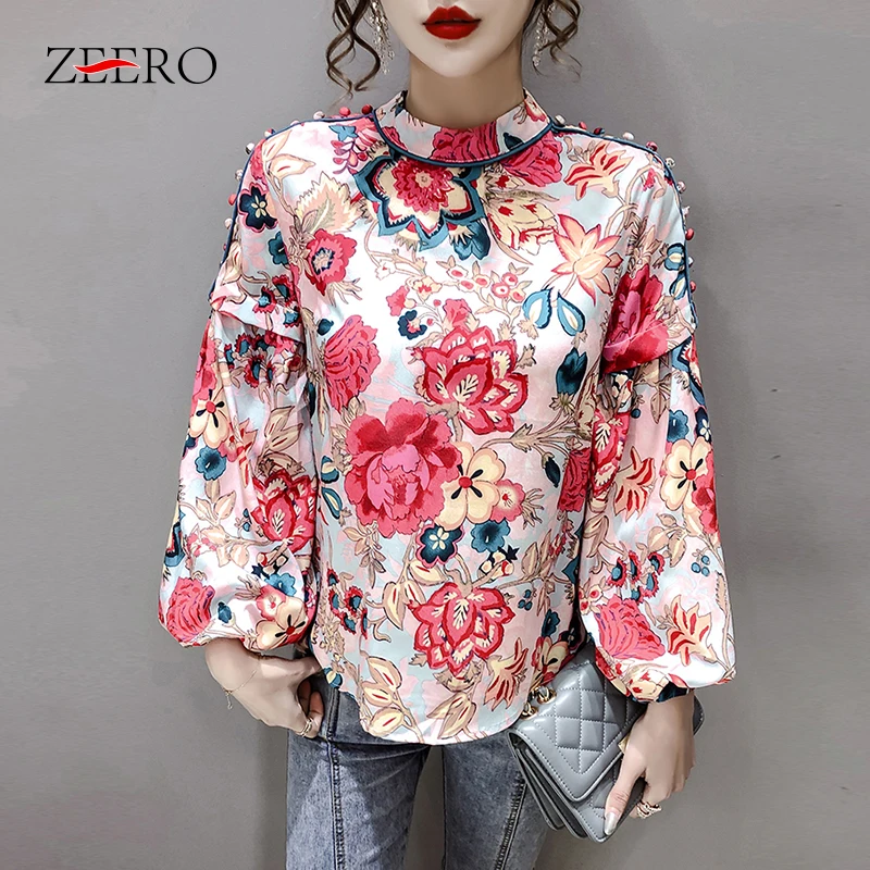 

Korean Fashion Women Lantern Long Sleeve Stand Neck Floral Print Blouses Female Vintage Chiffon Shirts Ladies Crop Tops Mujer