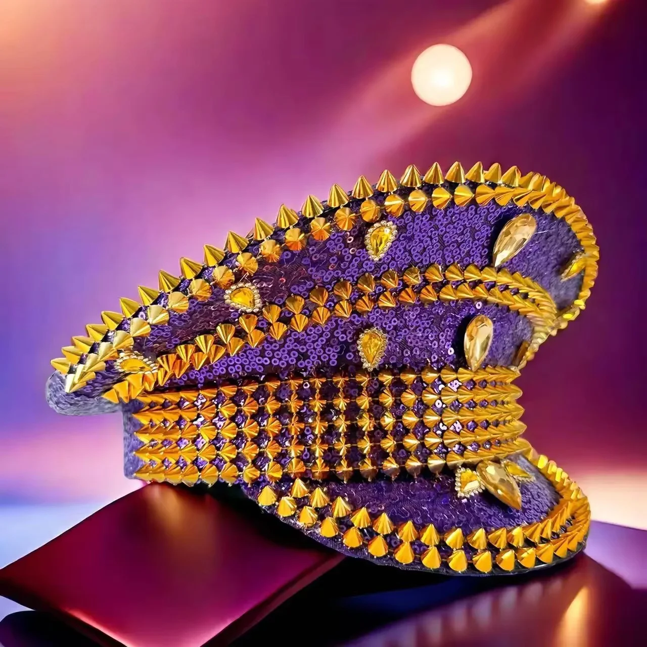 HongLuan Yellow Laser Leather Loop Captain Hat Rhinestone & Military Caps for Woman, Rave Festivals Accessories ＆ Party Cap Man