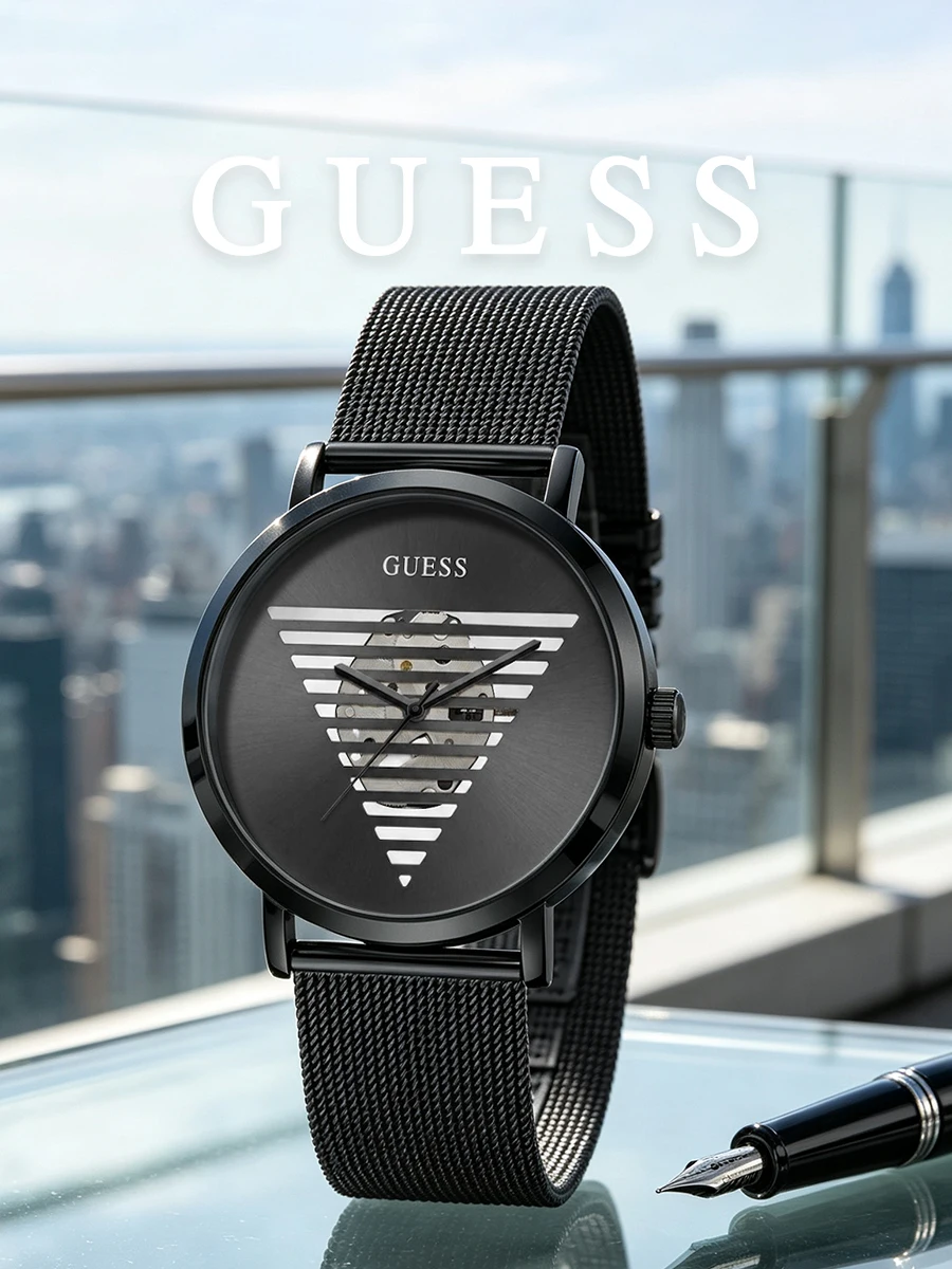 Reloj Guess para hombre, reloj analógico de cuarzo de acero inoxidable con malla negra, esfera geométrica, accesorio de moda para oficina, negocios, uso diario