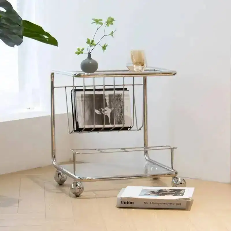 Vintage Nordic Steel Stainless Storage Trolley Rack, Ins Glass Magazine Stand, Coffee Table Side Table for Living Room Furniture