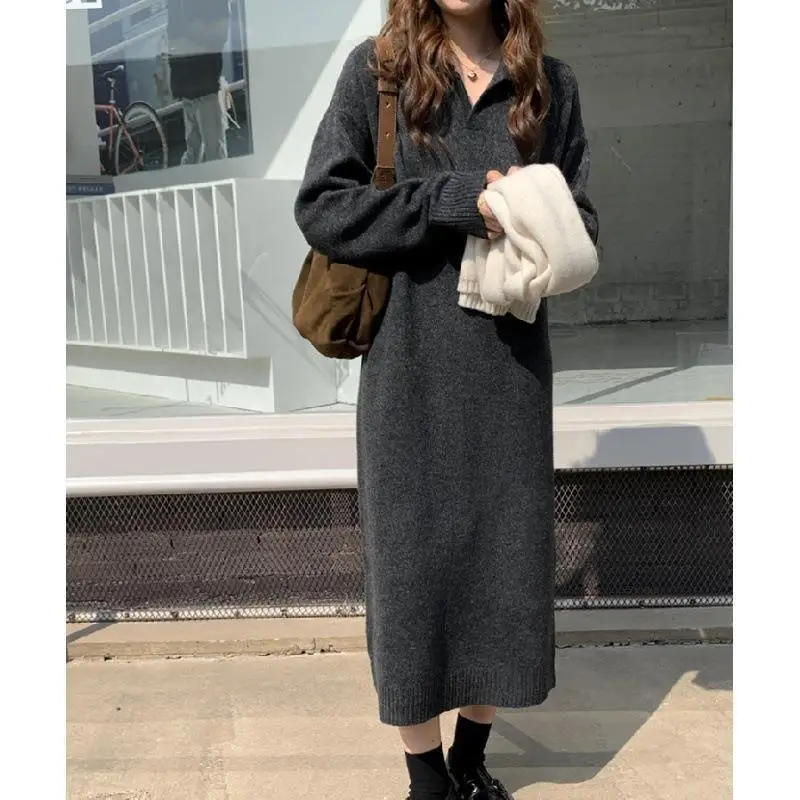 

Autumn Winter New Style Matching Coat POLO Collar Bottoming Skirt Long Style Knee Length Slouchy Loose Thick Wool Dress Women