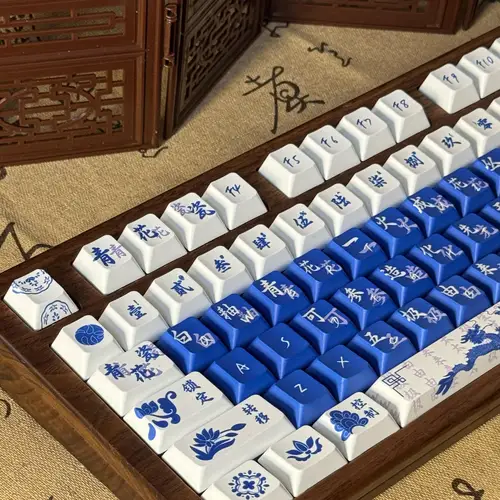 Imagen 2 del producto Teclado de porcelana azul y blanca con grabado lateral de cereza Qx3, azul marino, Pbt, sublimación térmica, estilo chino Retro, 120 teclas