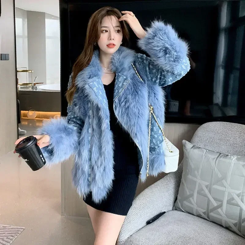 Women Imitation Fox Fur Denim Stitching Bomber Jacket Turn Down Collar Raccoon Fur Jeans Coat Zipper Cardigan Windbreaker Tops