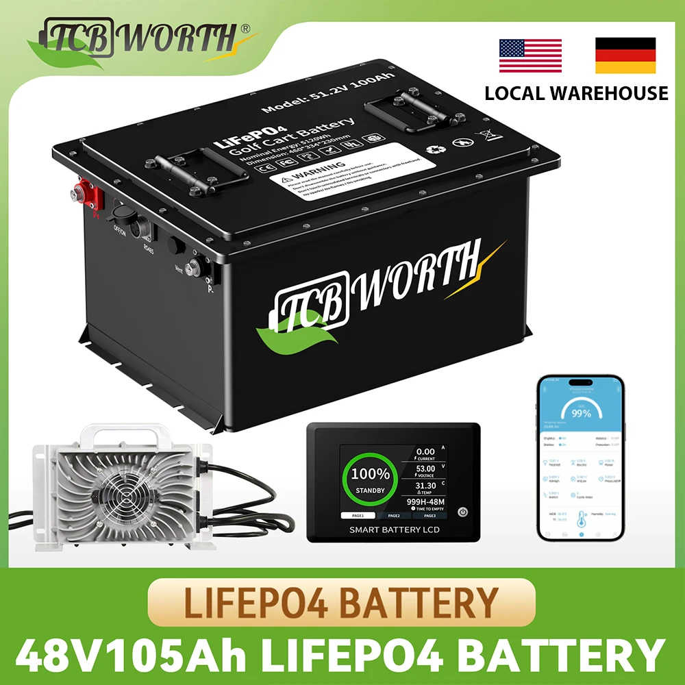 

TCBWORTH 48V 105Ah Lithium Golf Cart Battery With 200A BMS,6000+ Deep Cycles LiFePO4 With Touch Monitor Smart Fast Charger Kits