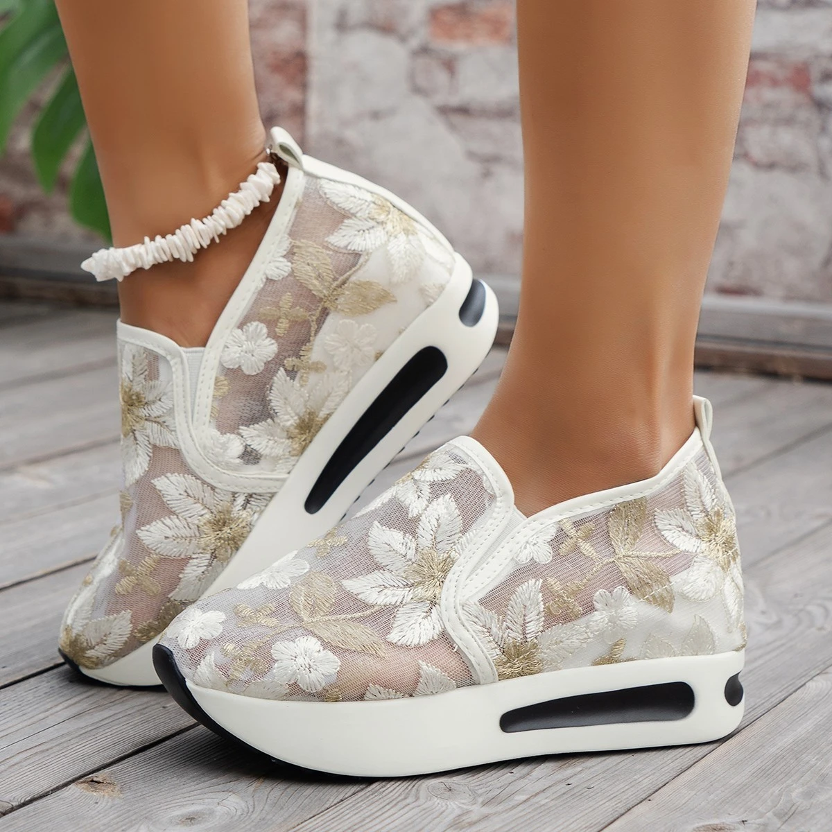 Zapatos deportivos de malla con bordado de flores para mujer, calzado informal y cómodo de tacón alto