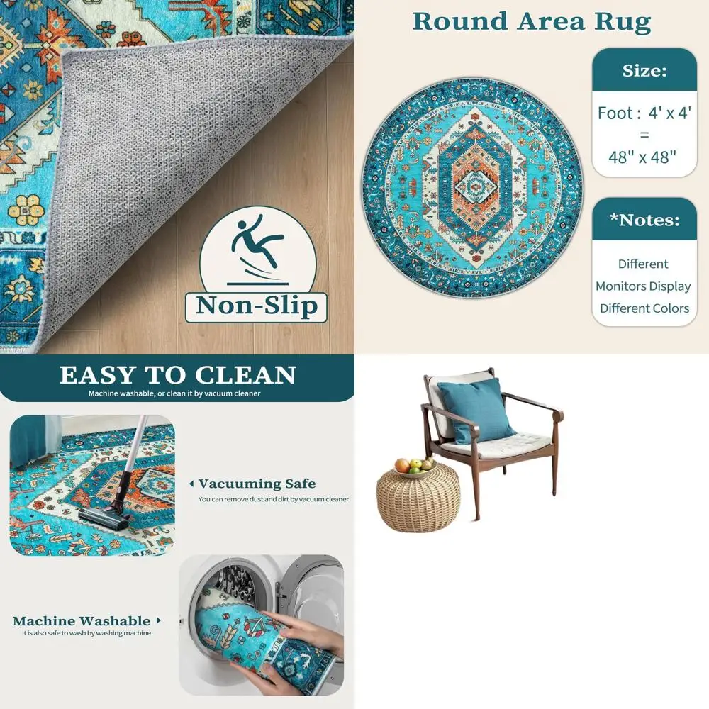 

Винтажный синий круглый ковер в стиле бохо, мягкий, моющийся, нескользящий для дома, офиса, общежития, 4 фута