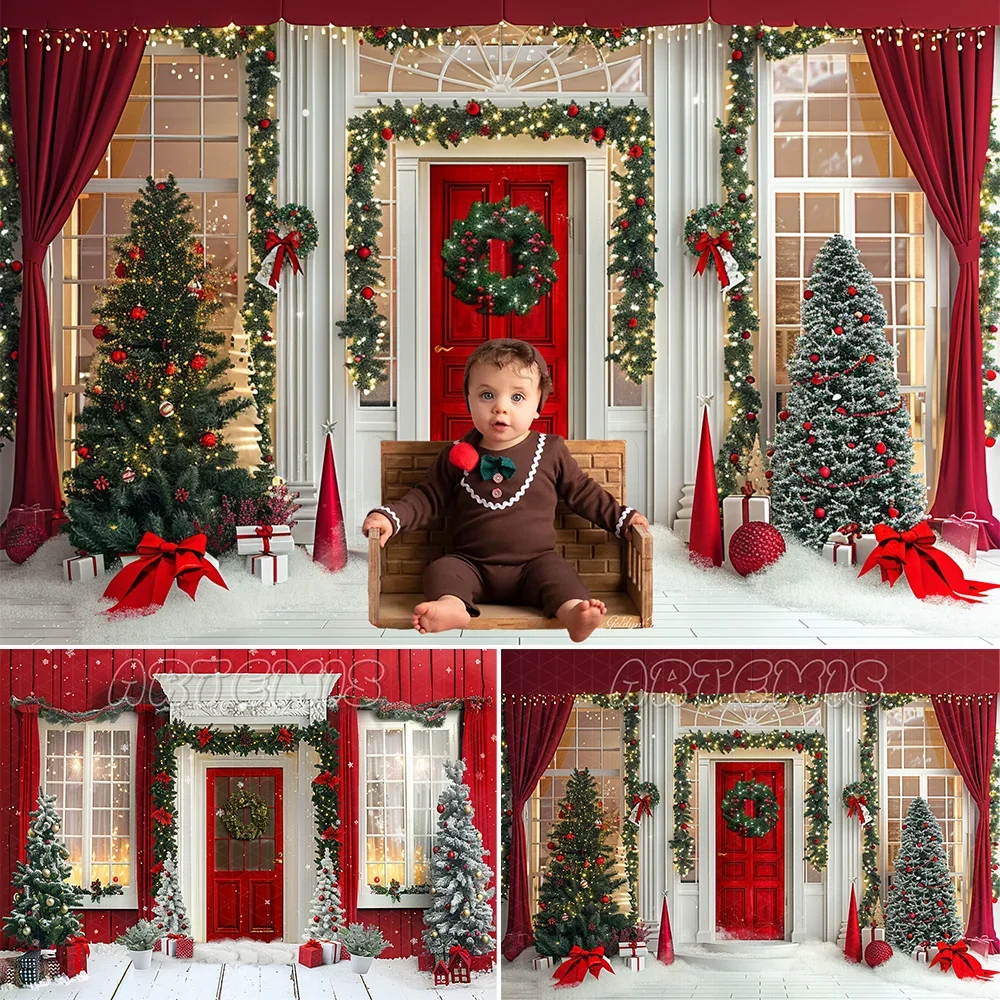 Christmas Photography Backdrop Door Decorations Red Curtains  White Panes Garlands Ribbons Background Photo Studio Photo-call