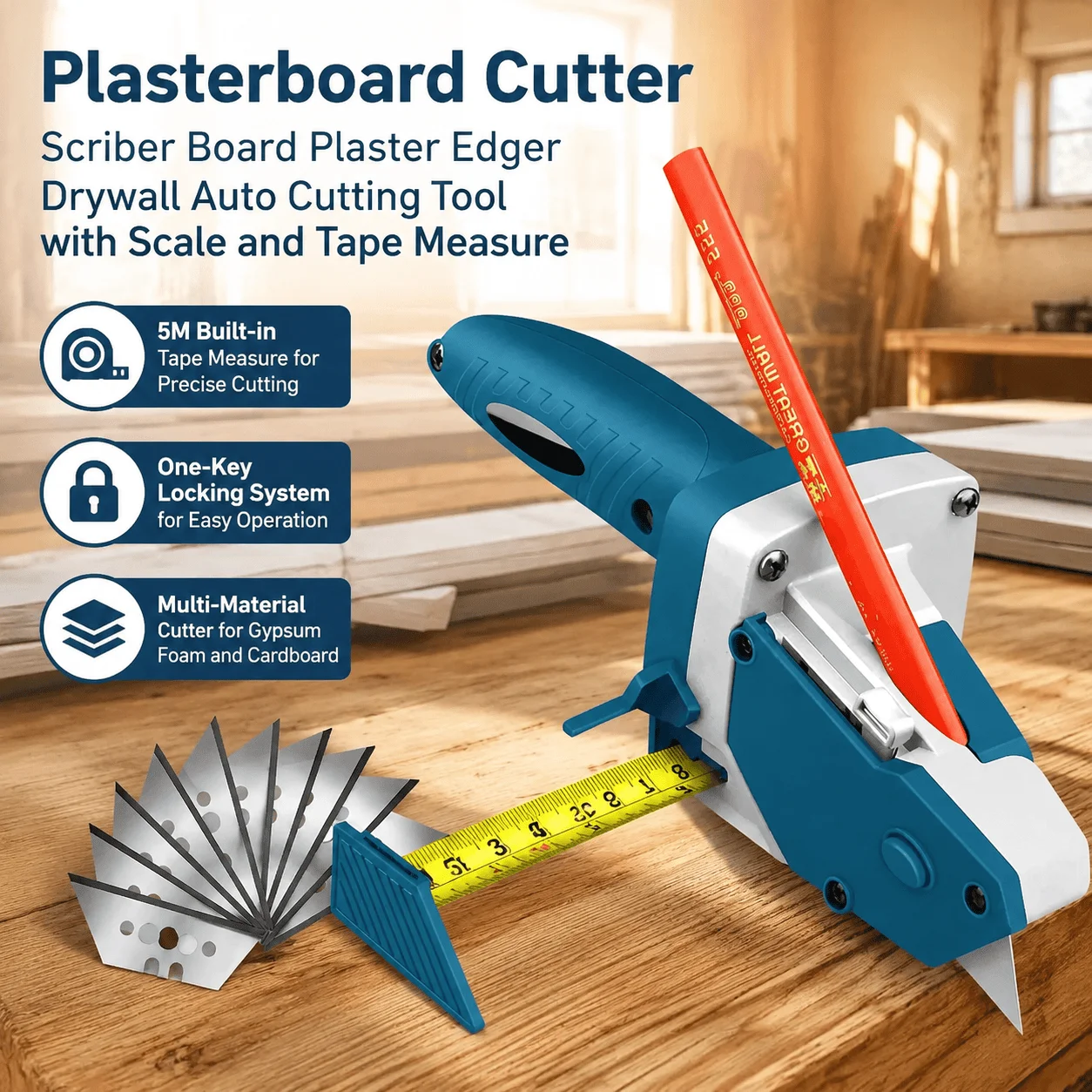 Professional Drywall Cutting Tool Plasterboard Cutter 5M Tape Measure Aluminum Alloy Gypsum Board Cutter Woodworking