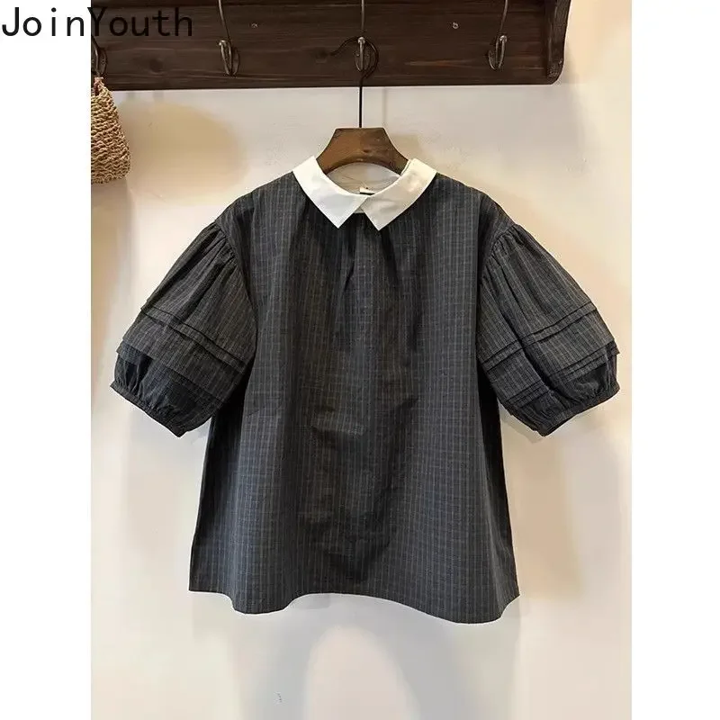 Summer Women Shirt 2024 Blusas Mujer De Moda Peter Pan Collar Puff Sleeve Vintage Blouses Loose Fashion Plaid Blouse Tops 7n832