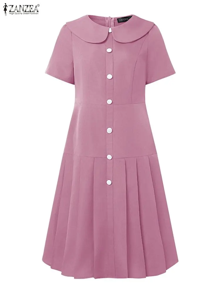 ZANZEA レディース 2025 夏服 おしゃれなラペルネック 半袖 オフィスワンピース エレガント 無地 OL 仕事着 プリーツ ミディ丈ワンピース