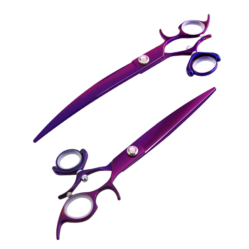 Fenice JP440C Dog Scissors Professional 8 inch 360 Degree Rotating Handle Swivels Purple Straight Curved Pet Grooming Scissors