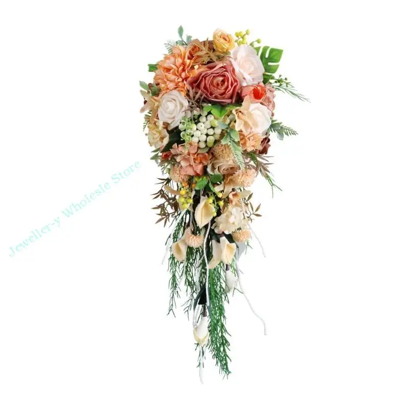 

R7UF Cascading Bouquet Flower Corsage Artificial Champagne Rose Photo Props