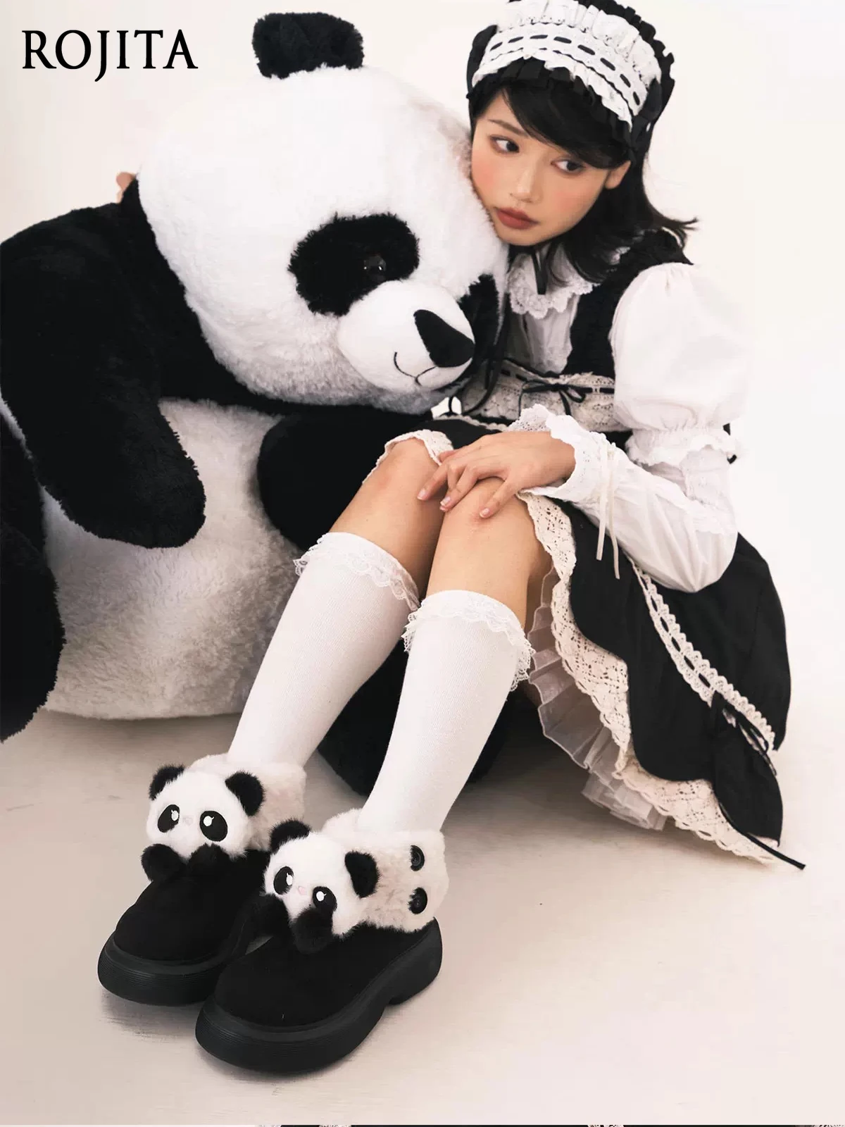 

Black Plush Panda Shoes Lolita Winter Fleece-Lined Warm Snow Boots khaki Puppy Pink Rabbit Short Boots