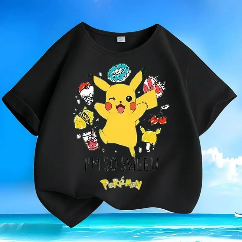 Nuevo Novedad de verano, camiseta Universal de manga corta con dibujos animados de Pok É Mon Pikachu para hombres y mujeres, Top holgado de cuello redondo de algodón puro