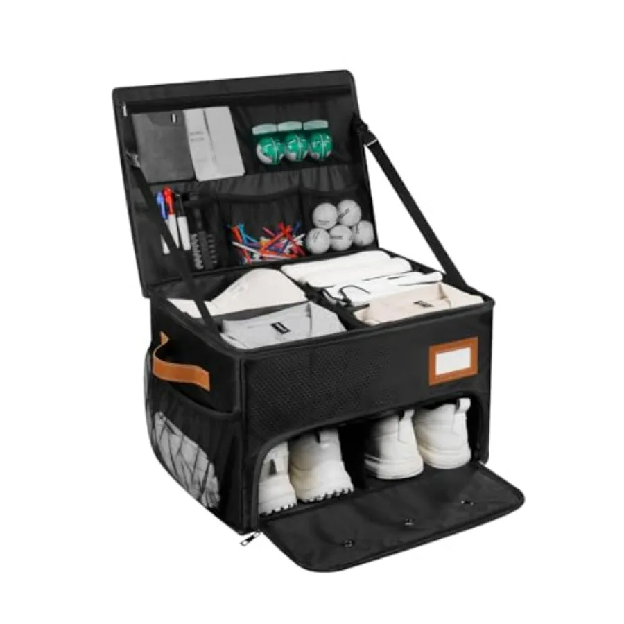 

2 Layer Golf Trunk Organizer with 2 Pairs Shoes Compartment Waterproof Car Trunk Locker for Golf Balls Caps Clothes Gloves Acce