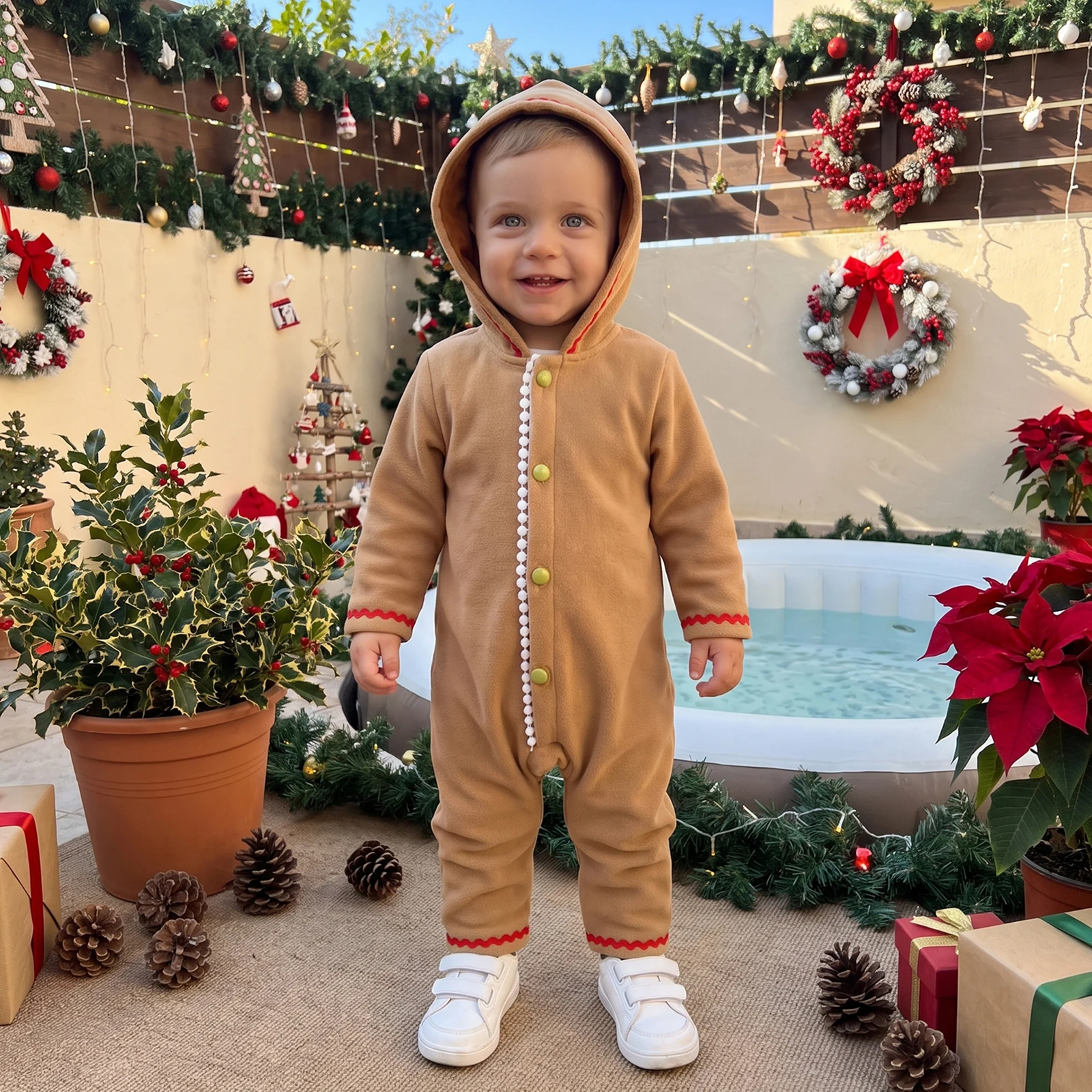 2027 New Years Toddler Baby Gingerbread Man Outfit Xmas Warmer Buttons Ric-Rac Hooded Long Sleeve Romper